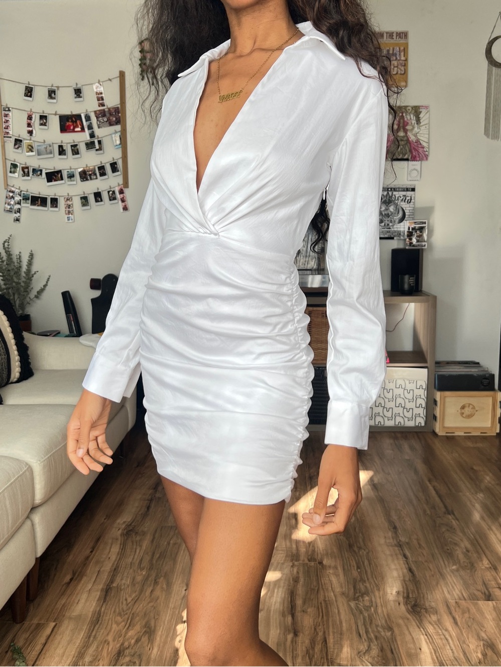 Zara White Ruched Long-sleeve Dress